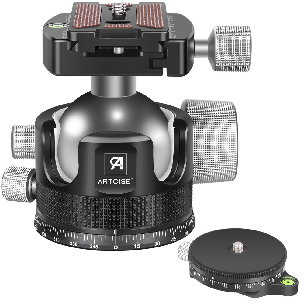 Low Profile Ball Head 55mm Tripod Ball Head ARTCISE KB55 Heavy Duty Tripod Head All Metal CNC Machining with 360 Panoramic Arca Type QR Plate for Tripod, Max Load 88lbs /40kg