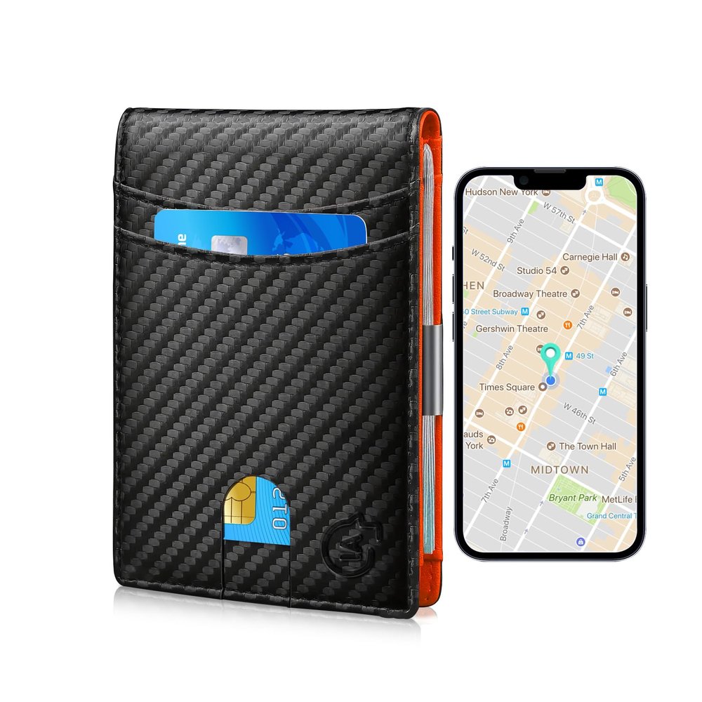 Smart Tracker Wallet for Men,Compatible with Android or Ios, Mens Wallet GPS Tracker Card Holder With Men Gift for Christmas. (Carbon Black) (Android or iOS, Black+Orange)