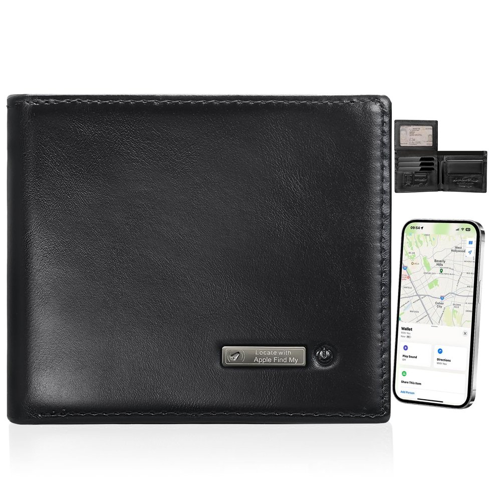 SMART CC Men Wallet with Tracker Work with iOS&Android, Wallet Tracker with large capacity Genuine Leather Wallet 9 Card &1 ID Windows & 3Cash Slot&Coin Pocket(Black)