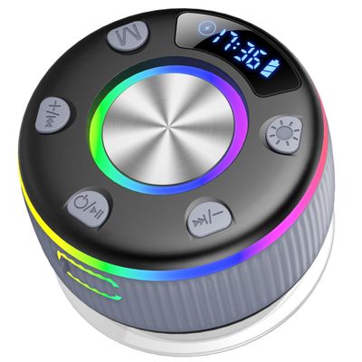 Bluetooth Shower Speaker, Portable Shower Speakers Wireless Bluetooth 5.3 with Time Display, IP7 Waterproof Speakers with RGB Light, Suction Cup, Stereo Pairing, Handsfree for Pool Beach Party, Gray