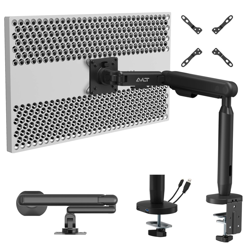 AVLT Single 17"-40" Ultrawide 3-Segment Easel Monitor Arm for Screens Up to 24.3 lbs, Aluminum Designer Stand, Adjustable Pneumatic Height, Full Motion Swivel Tilt Rotation, USB-C USB-A Ports, Black