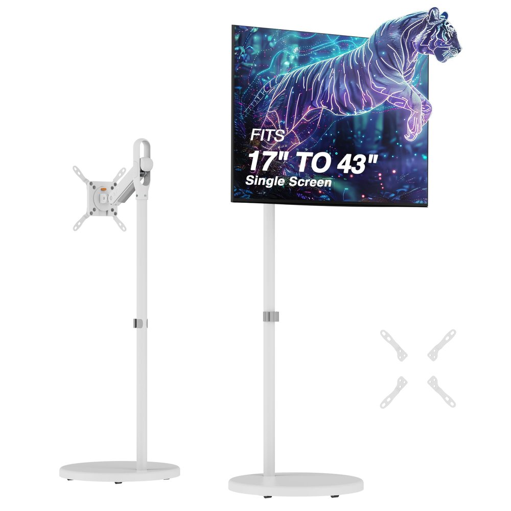 AVLT Single 17 to 43 Inch Portable Monitor Arm TV Rolling Stand with Heavy Base for Screens Up to 22 lbs, Mechanical Spring Height Adjustment, Screen Rotation, Mobile Low Profile Caster Wheel, White