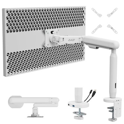 AVLT Single 17"-40" Ultrawide 3-Segment Easel Monitor Arm for Screens Up to 24.3 lbs, Aluminum Designer Stand, Adjustable Pneumatic Height, Full Motion Swivel Tilt Rotation, USB-C USB-A Ports, White