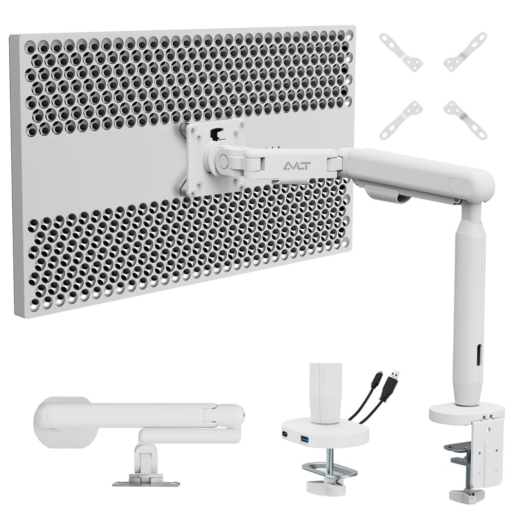 AVLT Single 17"-40" Ultrawide 3-Segment Easel Monitor Arm for Screens Up to 24.3 lbs, Aluminum Designer Stand, Adjustable Pneumatic Height, Full Motion Swivel Tilt Rotation, USB-C USB-A Ports, White