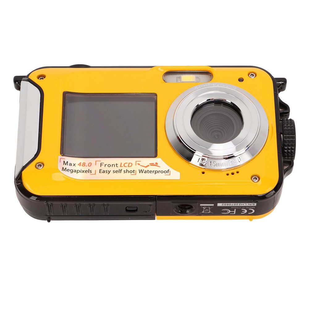 Underwater Cameras with 2.7K Video, 48MP Image, Dual Screens, 10ft Digital Camera for Snorkeling, Camera Supports Recording While Charging (Yellow)