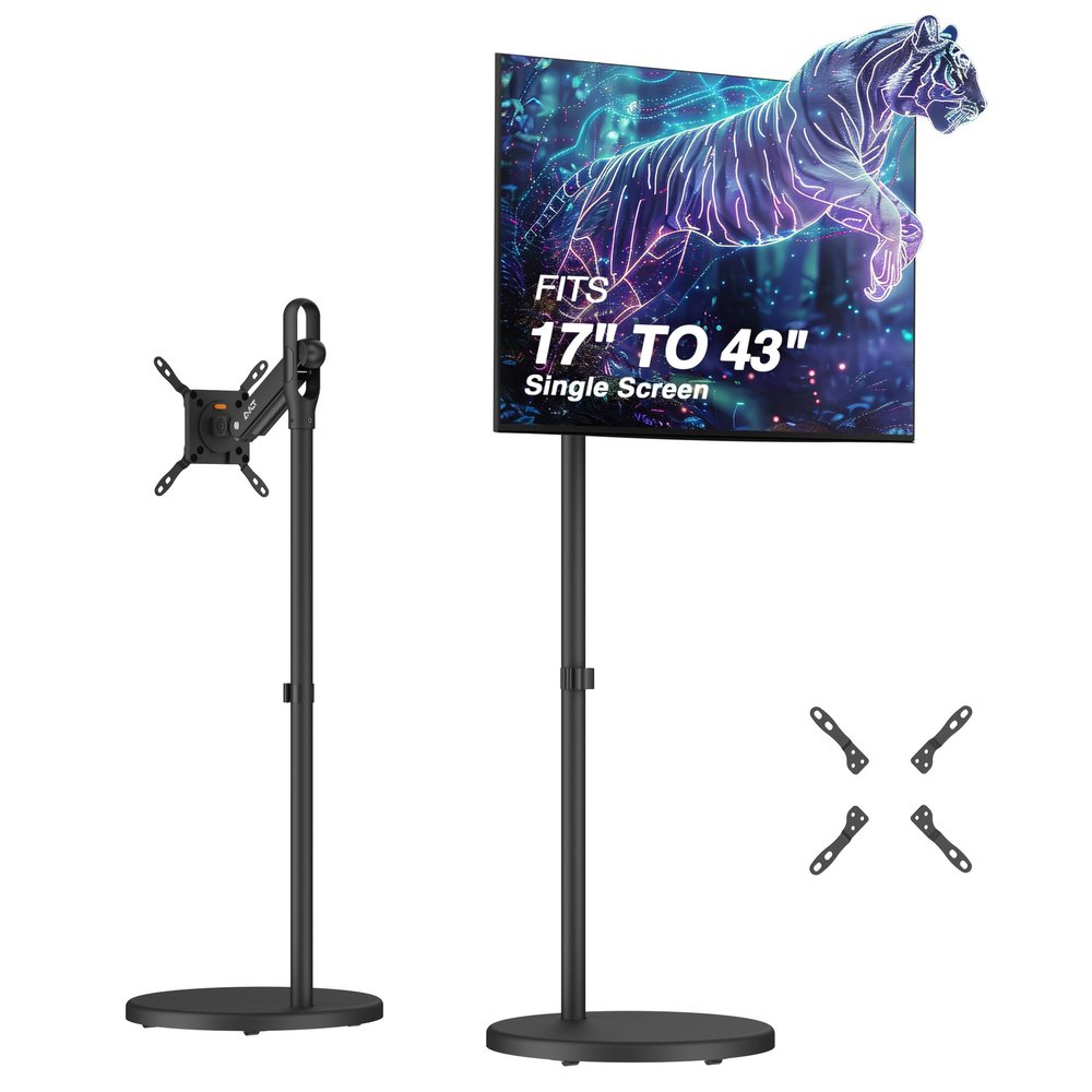 AVLT Single 17 to 43 Inch Portable Monitor Arm TV Rolling Stand with Heavy Base for Screens Up to 22 lbs, Mechanical Spring Height Adjustment, Screen Rotation, Mobile Low Profile Caster Wheel, Black
