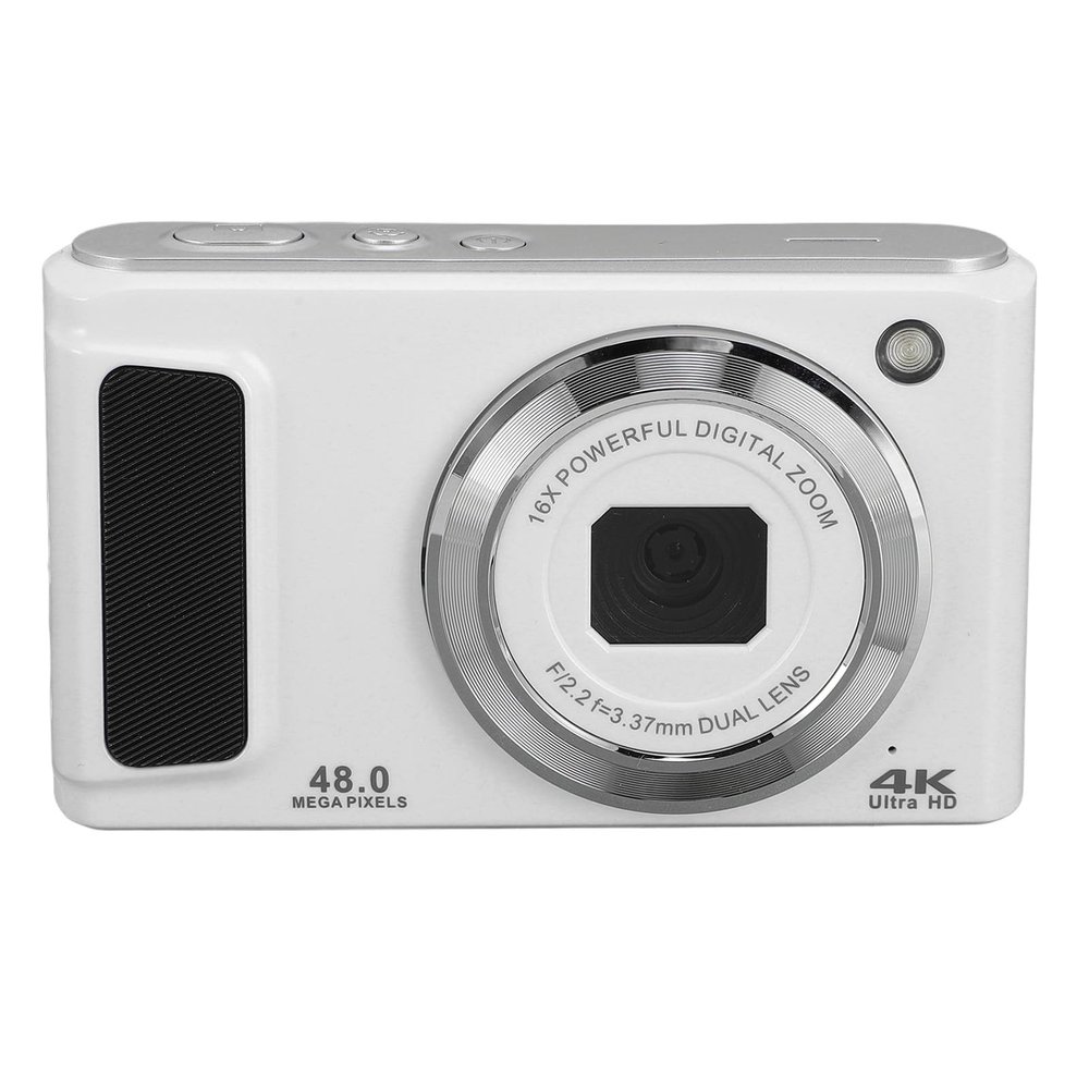 4K 48MP Digital Camera, 16X Digital Zoom Anti Shake Compact Travel Vlogging Camera with 2.8 Inch Screen, Front Rear Dual Camera (White)