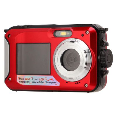 Underwater Cameras with 2.7K Video, 48MP Image, Dual Screens, 10ft Digital Camera for Snorkeling, Camera Supports Recording While Charging (Red)