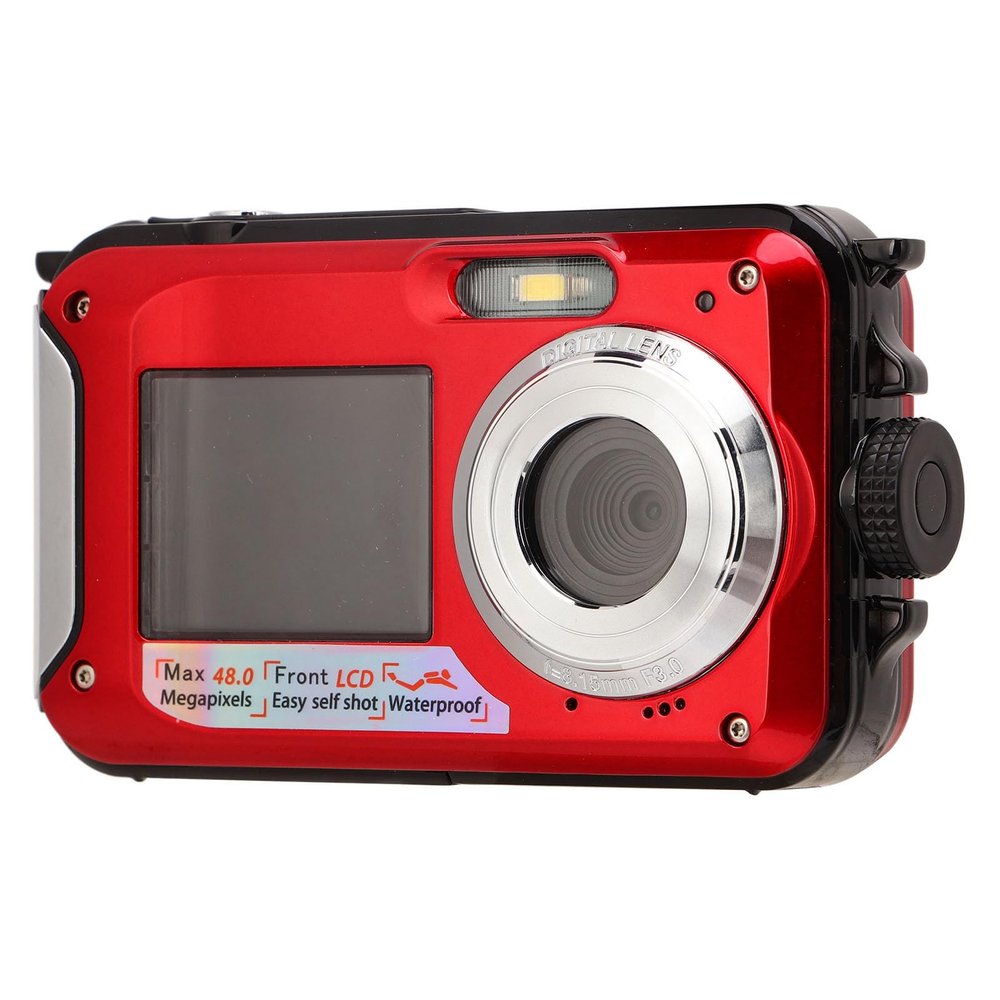 Underwater Cameras with 2.7K Video, 48MP Image, Dual Screens, 10ft Digital Camera for Snorkeling, Camera Supports Recording While Charging (Red)