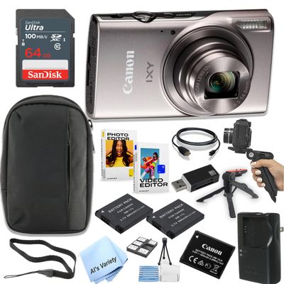 Canon PowerShot IXY 650 (ELPH 360) HS Digital Camera (Silver) + 64GB Memory + Spare Batteries, Case, Grip, Software Pack (Power Bundle) (Renewed)