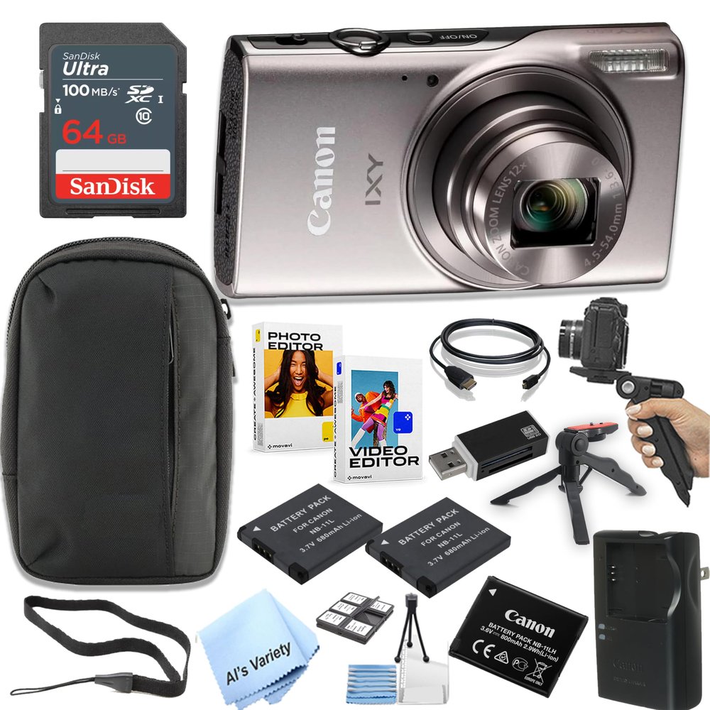 Canon PowerShot IXY 650 (ELPH 360) HS Digital Camera (Silver) + 64GB Memory + Spare Batteries, Case, Grip, Software Pack (Power Bundle) (Renewed)