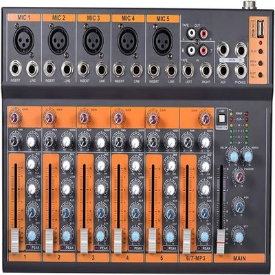 Studio Mixing Desks Portable, DJ Mixer 7-Channel Mic Line Audio Mixer Mixing Console 3-Band EQ USB Interface 48V Phantom Power with Power Adapter