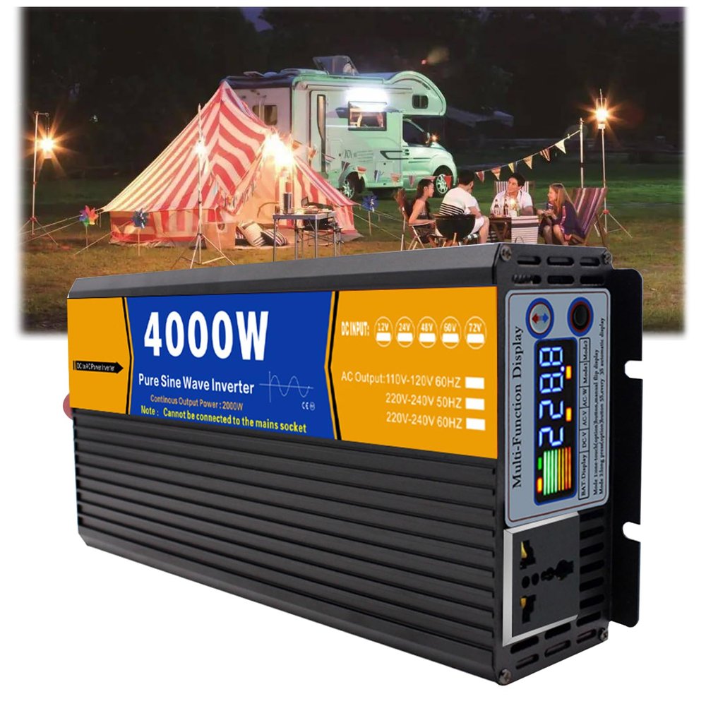 BAIYITONGDA 2000Pure Sine Wave Inverter 12V/24V/48V/60V/72V DC to 120V/230AC Converter, LCD Screen Display, (Peak) 4000W Solar Inverter for Truck, Home, Vehicles, RV,12v to 110v