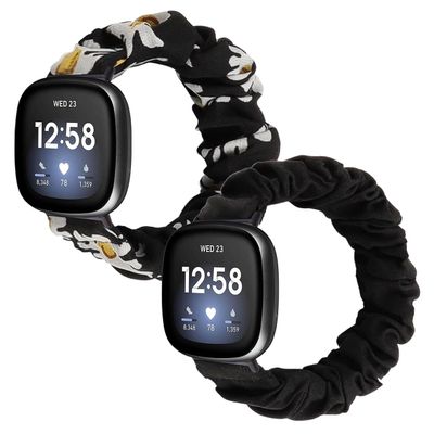 Scrunchie Bands for Fitbit Versa 4/Versa 3/Sense/Sense 2 Strap for Women,Replacement Watchband Soft Cloth Fabric Elastic Wristband (Chrysanthemum/Black, Large)