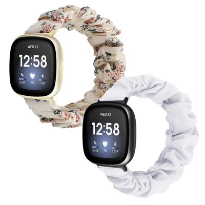 Scrunchie Bands for Fitbit Versa 4/Versa 3/Sense/Sense 2 Strap for Women,Replacement Watchband Soft Cloth Fabric Elastic Wristband (Honeysuckle/White, Small)