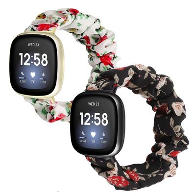 Scrunchie Bands for Fitbit Versa 4/Versa 3/Sense/Sense 2 Strap for Women,Replacement Watchband Soft Cloth Fabric Elastic Wristband ((white) Red Flower/(black) Red Flower, Small)
