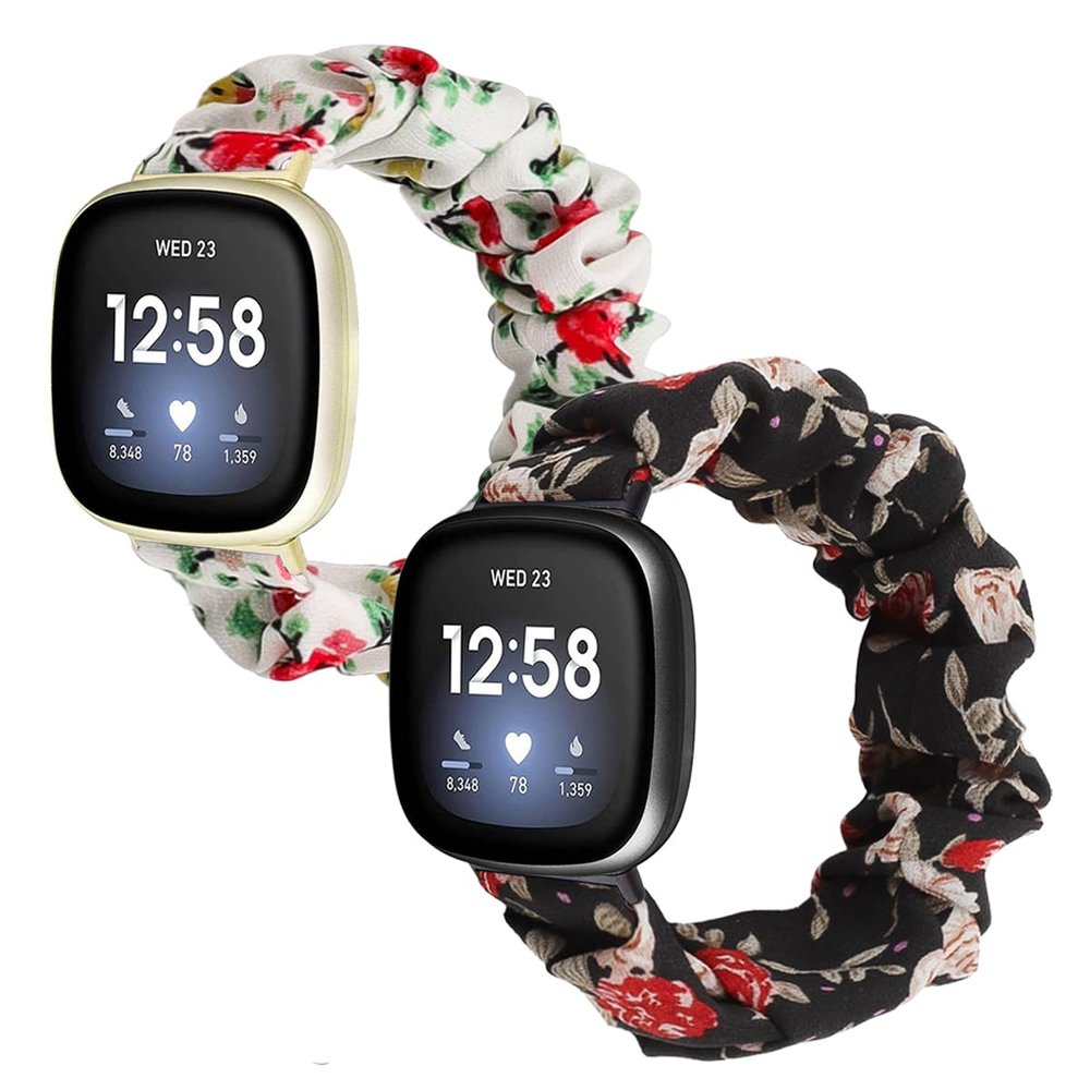 Scrunchie Bands for Fitbit Versa 4/Versa 3/Sense/Sense 2 Strap for Women,Replacement Watchband Soft Cloth Fabric Elastic Wristband ((white) Red Flower/(black) Red Flower, Small)