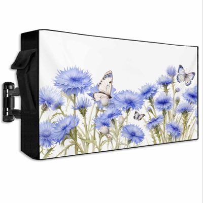 Hsqirky Outdoor TV Cover for 60 to 65 Inch, Blue Spring Floral Weatherproof & Waterproof Outside TV Covers with Remote Pockets, Watercolor Summer Botanical Elegant TV Enclosure for LED, LCD TVs