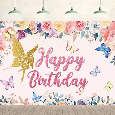 45x25 Flowers Happy Birthday Backdrop Rose Flora Fairy Butterfly Pink Background Birthday Party Supplies Wall Banner Cake Table Decoration Photography Girls Women Photo Studio Props