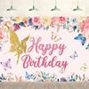 45x25 Flowers Happy Birthday Backdrop Rose Flora Fairy Butterfly Pink Background Birthday Party Supplies Wall Banner Cake Table Decoration Photography Girls Women Photo Studio Props view 1