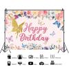 45x25 Flowers Happy Birthday Backdrop Rose Flora Fairy Butterfly Pink Background Birthday Party Supplies Wall Banner Cake Table Decoration Photography Girls Women Photo Studio Props view 2