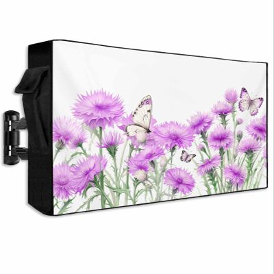 Hsqirky Outdoor TV Cover for 60 to 65 Inch, Purpel Spring Floral Weatherproof & Waterproof Outside TV Covers with Remote Pockets, Watercolor Summer Botanical Elegant TV Enclosure for LED, LCD TVs