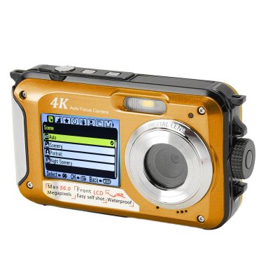 4K Camera,16X Digital Zoom Auto Focus Underwater Camera with 64G Memory Card, 4K Underwear Camera, Dual Screen 10ft, Screen, Face Detection (Yellow)