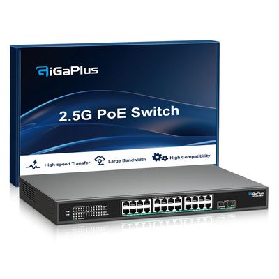 26 Port 2.5Gb Unmanaged PoE Switch with 2.5G Base-T PoE Ports and 10G SFP Uplink, 802.3af/at , 160Gbps Switching Capacity, GigaPlus 2.5G PoE Switch for 2.5G NAS/PC, WiFi6 Router, Wireless AP