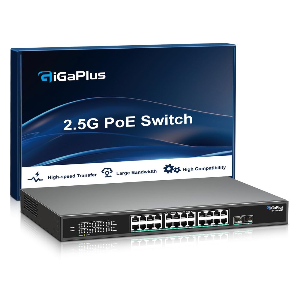 26 Port 2.5Gb Unmanaged PoE Switch with 2.5G Base-T PoE Ports and 10G SFP Uplink, 802.3af/at , 160Gbps Switching Capacity, GigaPlus 2.5G PoE Switch for 2.5G NAS/PC, WiFi6 Router, Wireless AP