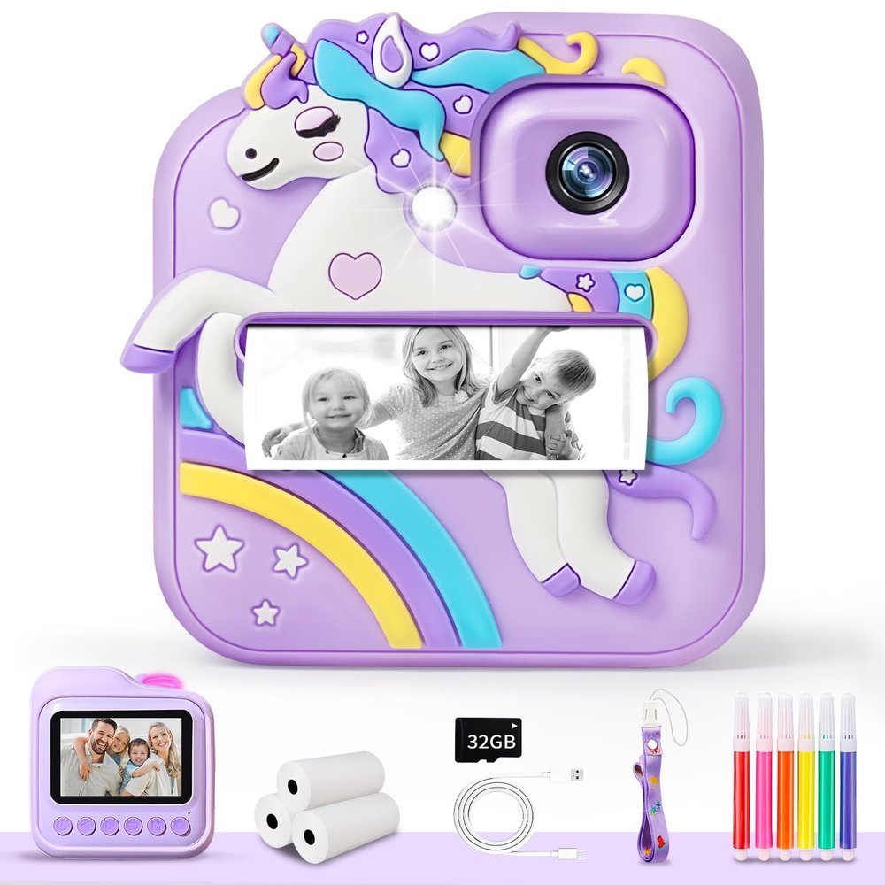 Kids Camera Instant Print, 48MP&1080P Kids Digital Camera with Silicone Cover & 3 Rolls Print Paper DIY Pens & 32G Card, Christmas Birthday Gifts for 4 5 6 7 8 9 10 11 12 Years Old Girls Boys, Purple