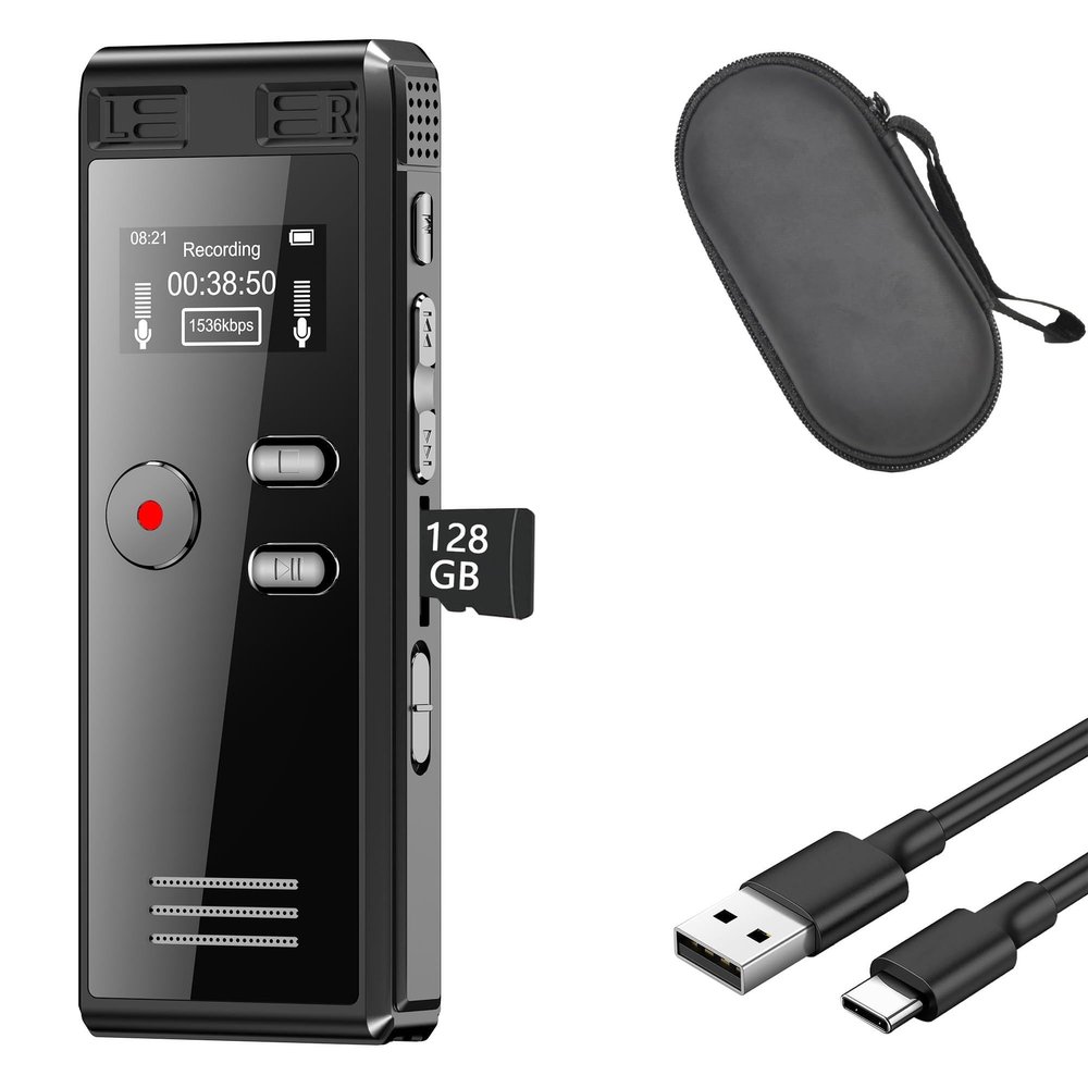 128GB Digital Voice Recorders with EVA Zipper Carrying Hard Case Cover & USB C Charging Cable