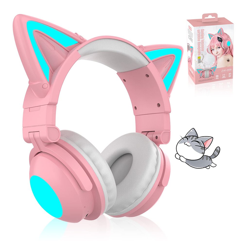Cat Ear Bluetooth Headphones for Adult, Kids Lovely Headphones,Over Ear Wired Headphones with LED Lights,Foldable Wireless Headset with Built-in Mic,Compatible with Phone/PC/Tablet/TV(Pink)
