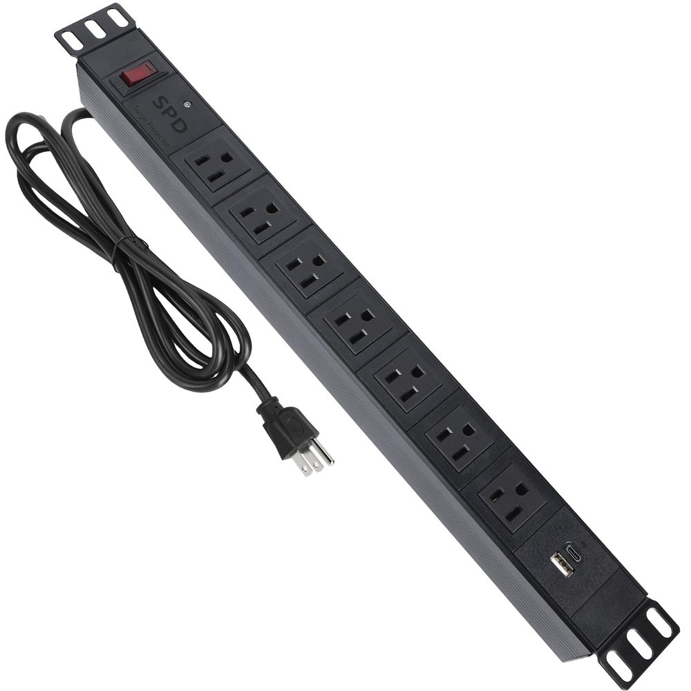 ElecVoztile Rack Mount Power Strip Surge Protector, 7 Outlet and 2 USB-A&C Charging Ports,1200J SPD, Fits 19'' Network Server Rack, 10ft 14AWG Cord, 1U RackMount, 15A Breaker