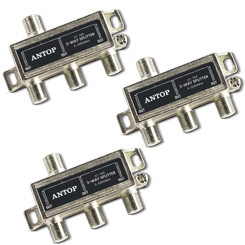 3 Pcs Cable Splitter - ANTOP 3 Way Coaxial Splitter for TV and Satellite - All Port DC Power Passing