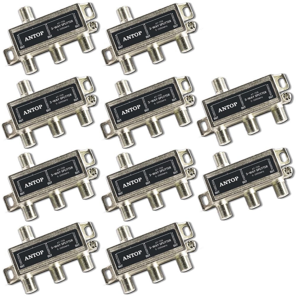 10 Pcs Cable Splitter - ANTOP 3 Way Coaxial Splitter for TV and Satellite - All Port DC Power Passing
