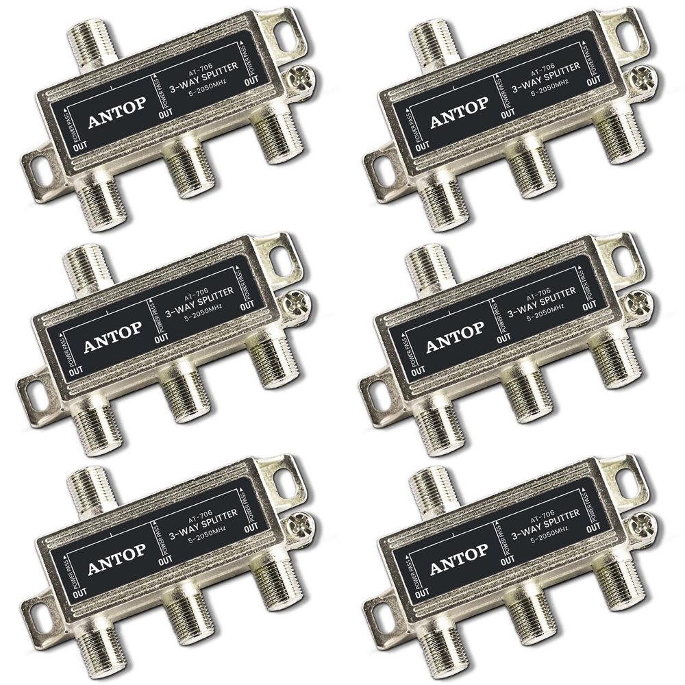 6 Pcs Cable Splitter - ANTOP 3 Way Coaxial Splitter for TV and Satellite - All Port DC Power Passing