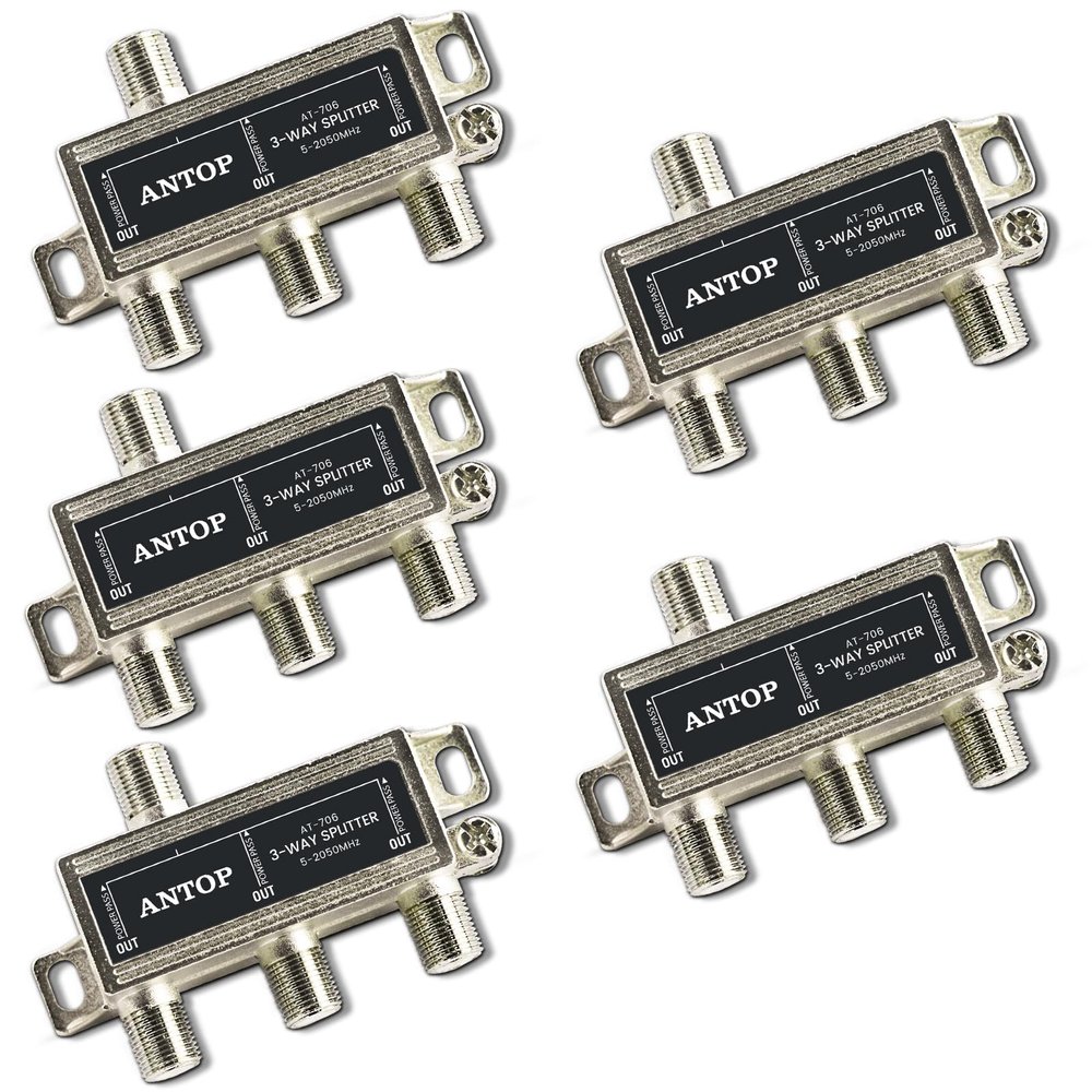5 Pcs Cable Splitter - ANTOP 3 Way Coaxial Splitter for TV and Satellite - All Port DC Power Passing