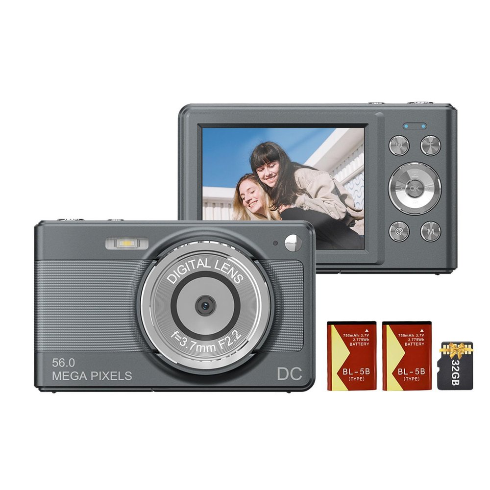 1080P Digital Camera Digital Video Camera Camcorder 56MP 2.88 Inch IPS Screen 8X Digital Zoom AF Auto Focus Anti-Shake Face Detect with 32GB Memory Card 2pcs Batteries for Kids Teens
