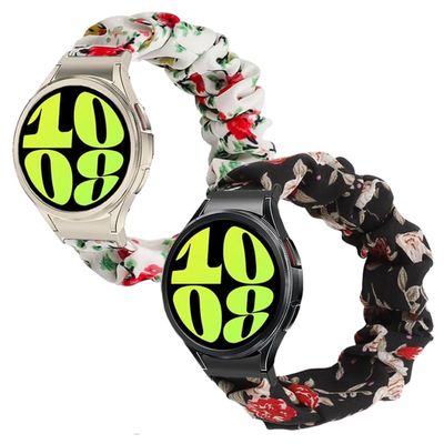 Scrunchie Bands for Samsung Galaxy Watch 7/6/5/4 40mm 43mm 44mm 47mm Elastic Replacement Fabric Band Women Stretchy strap for Watch 4 Classic/5 Pro Band ((white) Red Flower/(black) Red Flower, Large)