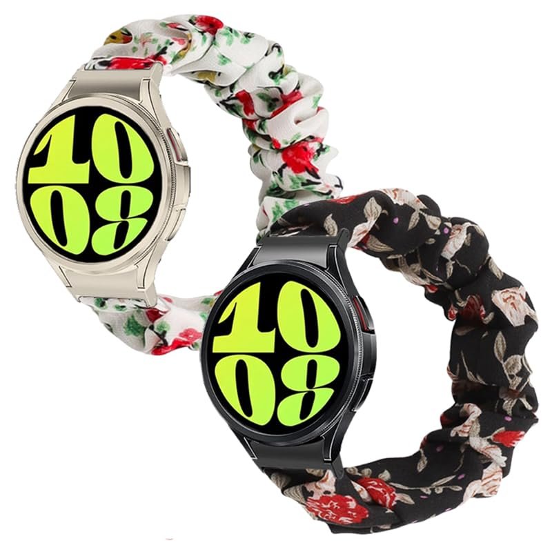 Scrunchie Bands for Samsung Galaxy Watch 7/6/5/4 40mm 43mm 44mm 47mm Elastic Replacement Fabric Band Women Stretchy strap for Watch 4 Classic/5 Pro Band ((white) Red Flower/(black) Red Flower, Large)