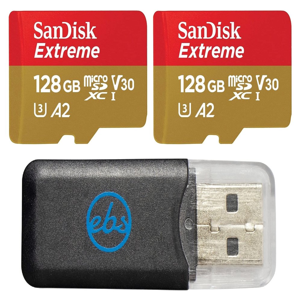 SanDisk 128GB Extreme (2 Pack) MicroSDXC Memory Card Works with GoPro Action Camera Hero 11 Black Mini and Hero11 Black (SDSQXAA-128G-GN6MN) Bundle with Everything But Stromboli MicroSD Card Reader