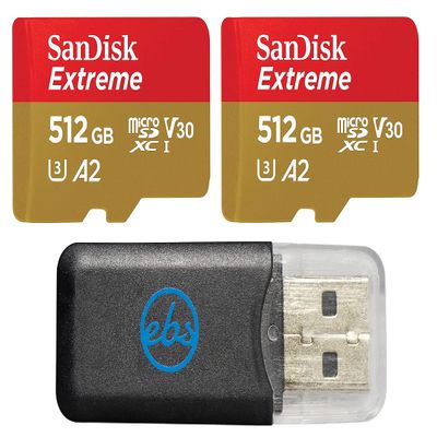 SanDisk MicroSD 512GB Extreme Memory Card (2 Pack) Works with GoPro Action Camera Hero11 Black and Hero11 Black Mini (SDSQXAV-512G-GN6MN) Bundle with 1 Everything But Stromboli MicroSDXC Card Reader