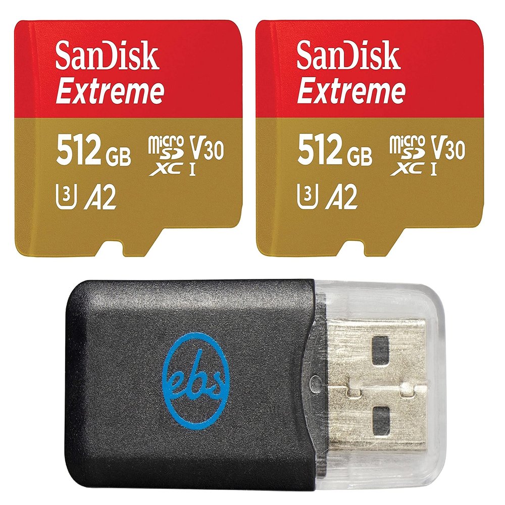 SanDisk MicroSD 512GB Extreme Memory Card (2 Pack) Works with GoPro Action Camera Hero11 Black and Hero11 Black Mini (SDSQXAV-512G-GN6MN) Bundle with 1 Everything But Stromboli MicroSDXC Card Reader