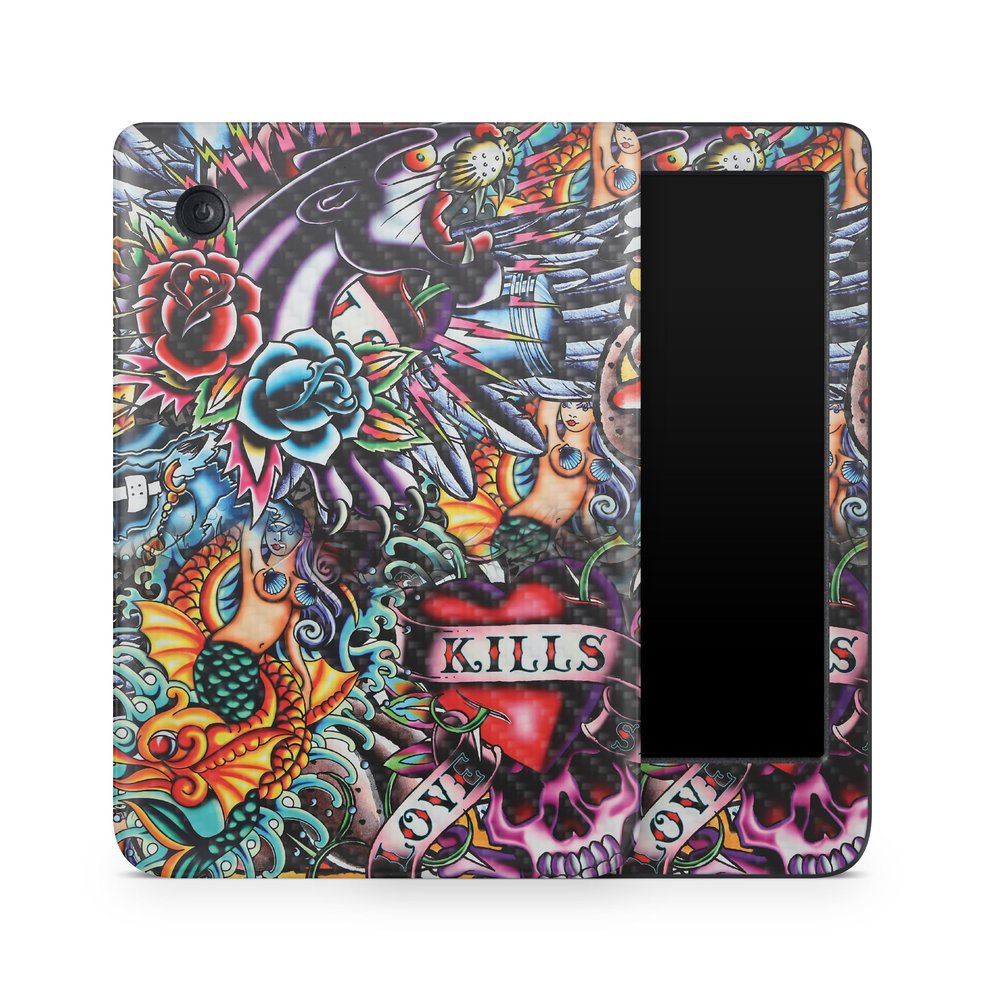 Carbon Fiber E-Reader Skin Compatible with Kobo Clara Colour (2024) - Old School Tattoo - Premium 3M Vinyl Protective Wrap Decal Cover - Easy to Apply | Crafted in The USA by MightySkins