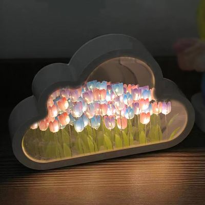 LOGAZOO (20 Flower) Tulip Lamp Night Light with Mirror, Assembled Artificial Flower Lamp Table Light Bedroom Decoration Gift for Women Girlfriend Sisters Desk Table Decor, Cloud Design (Multicolor)
