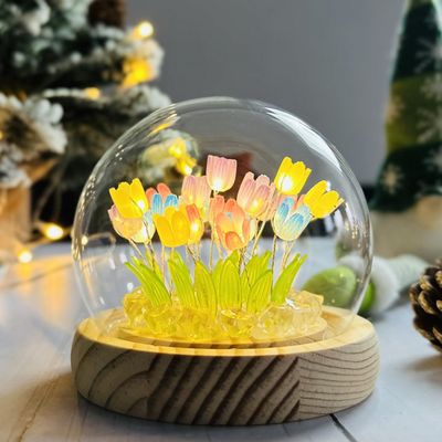 (20 Flower) Assembled Tulip Lamp Night Light with Glass Dome, Handmade Artificial Flower Table Lamp Bedroom Desk Decoration for Women Girlfriend Sister Besties Birthday Christmas Gift (Multicolor)