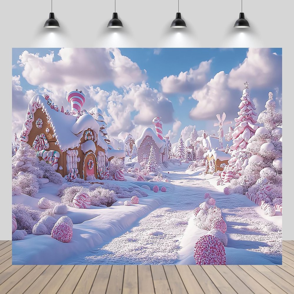 CHNYWORK 12x10ft Pink Christmas Village Backdrop Christmas Tree Gingerbread House Candy House Winter Snowy Landscape Background Xmas Eve New Year Kids Birthday Party Decor Portrait Photo Booth Props