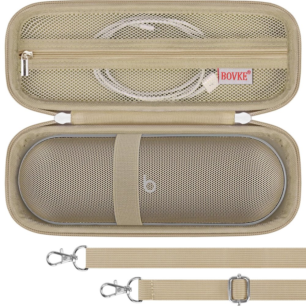 BOVKE Carrying Case for Beats Pill - Portable Bluetooth Speaker, New Beats Pill Wireless Speaker Travel Holder Bag with Extra Mesh Pocket for Charging Cables, Accessories, Gold+Gold