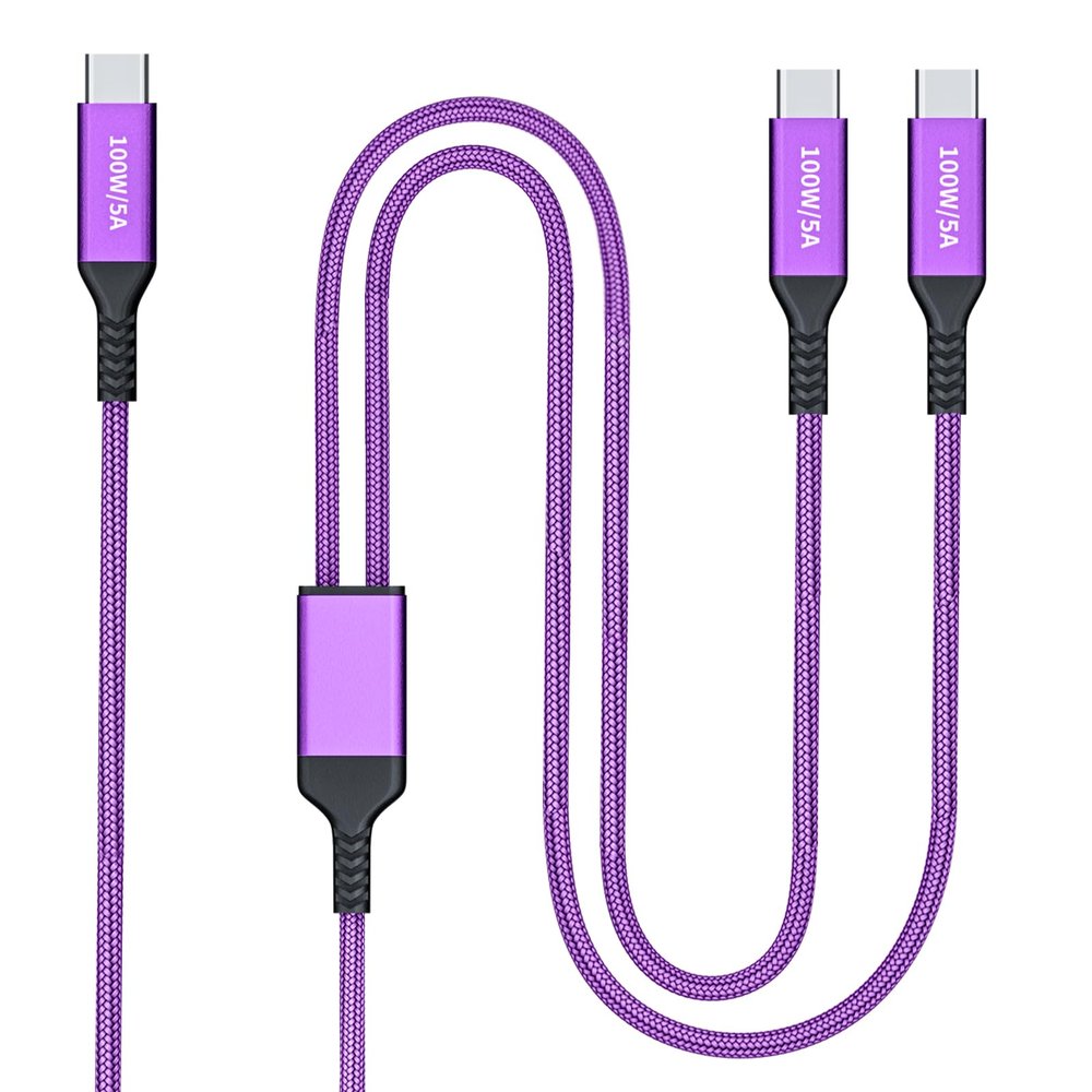 100W 2-in-1 USB-C Cable 4FT Purple, Dual USB C 5A Fast Charging, Splitter Multi USB Type C Charge for MacBook Air, iPhone 15 Plus/Pro Max, iPad Pro, Samsung Galaxy S24 S23, Tab S9, Lenovo, Dell Laptop
