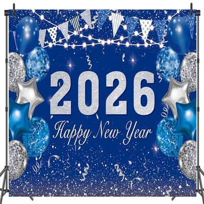 LTDKAEN 2026 Happy New Year Backdrop New Year Photography Party Banner Blue and Silver Balloon New Years Eve Photo Props(86FT)